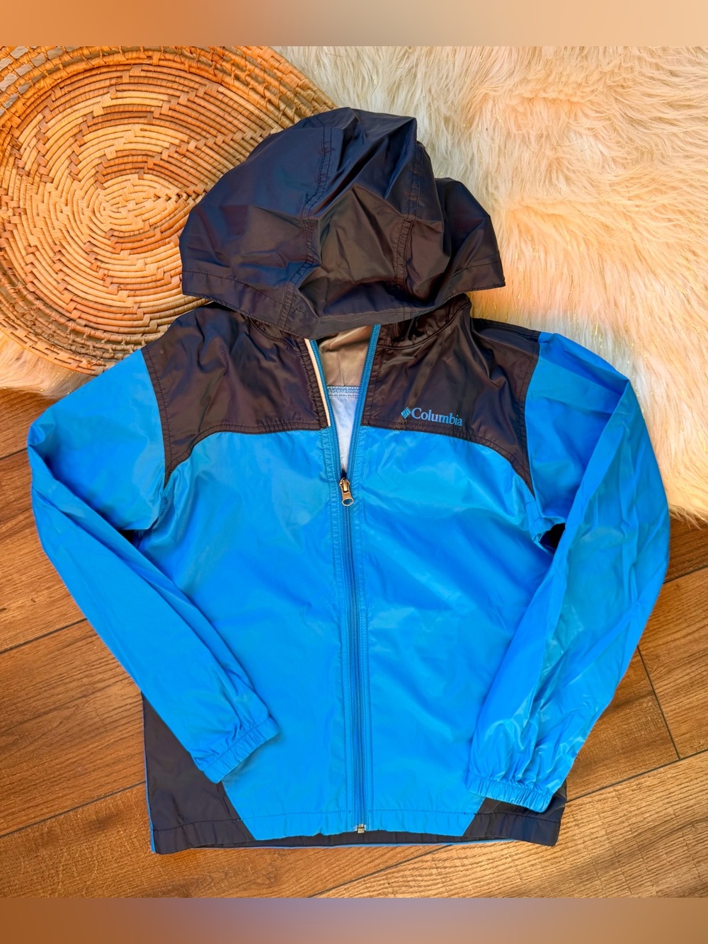 Columbia Blue Full Zip Hooded Windbreaker Nylon Jacket Size Medium 10/12